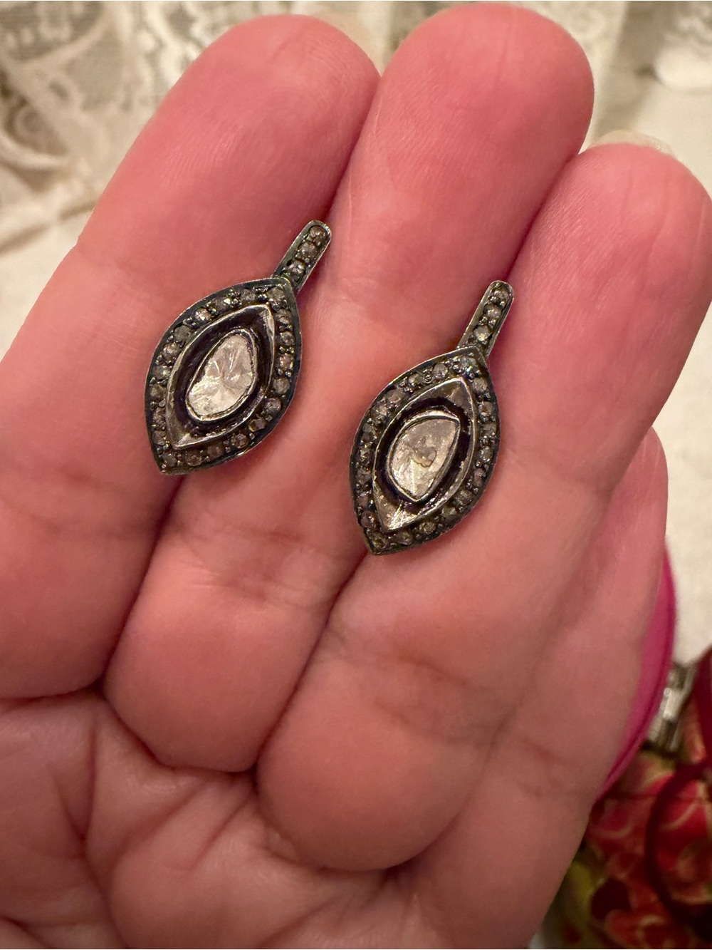 GOLD CLAD STERLING SILVER, TESTED, polki ROSE CUT DIAMOND PIERCED EARRINGS